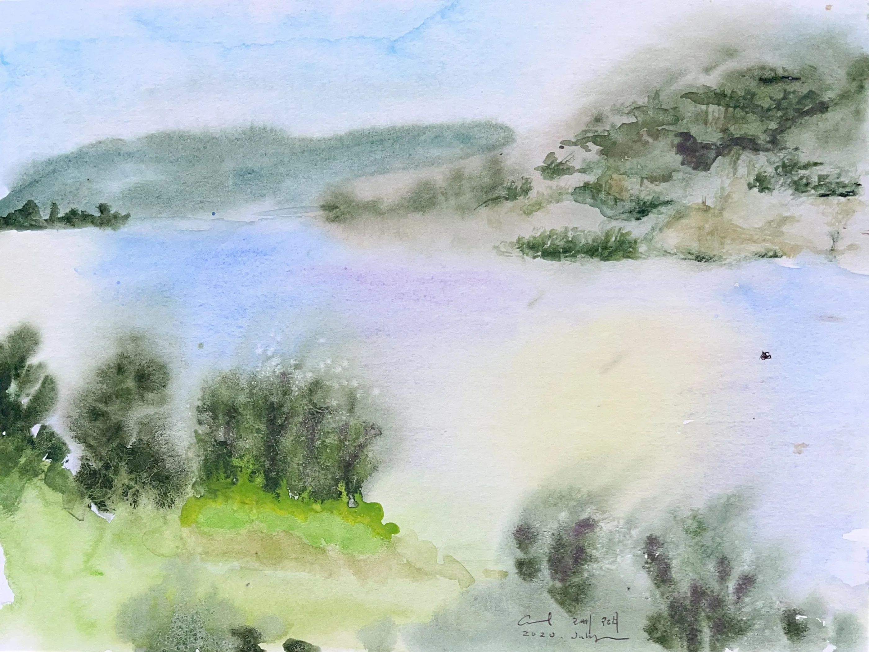 Watercolour of a calm lake framed by green wooded hills and dark shrubs in the foreground.