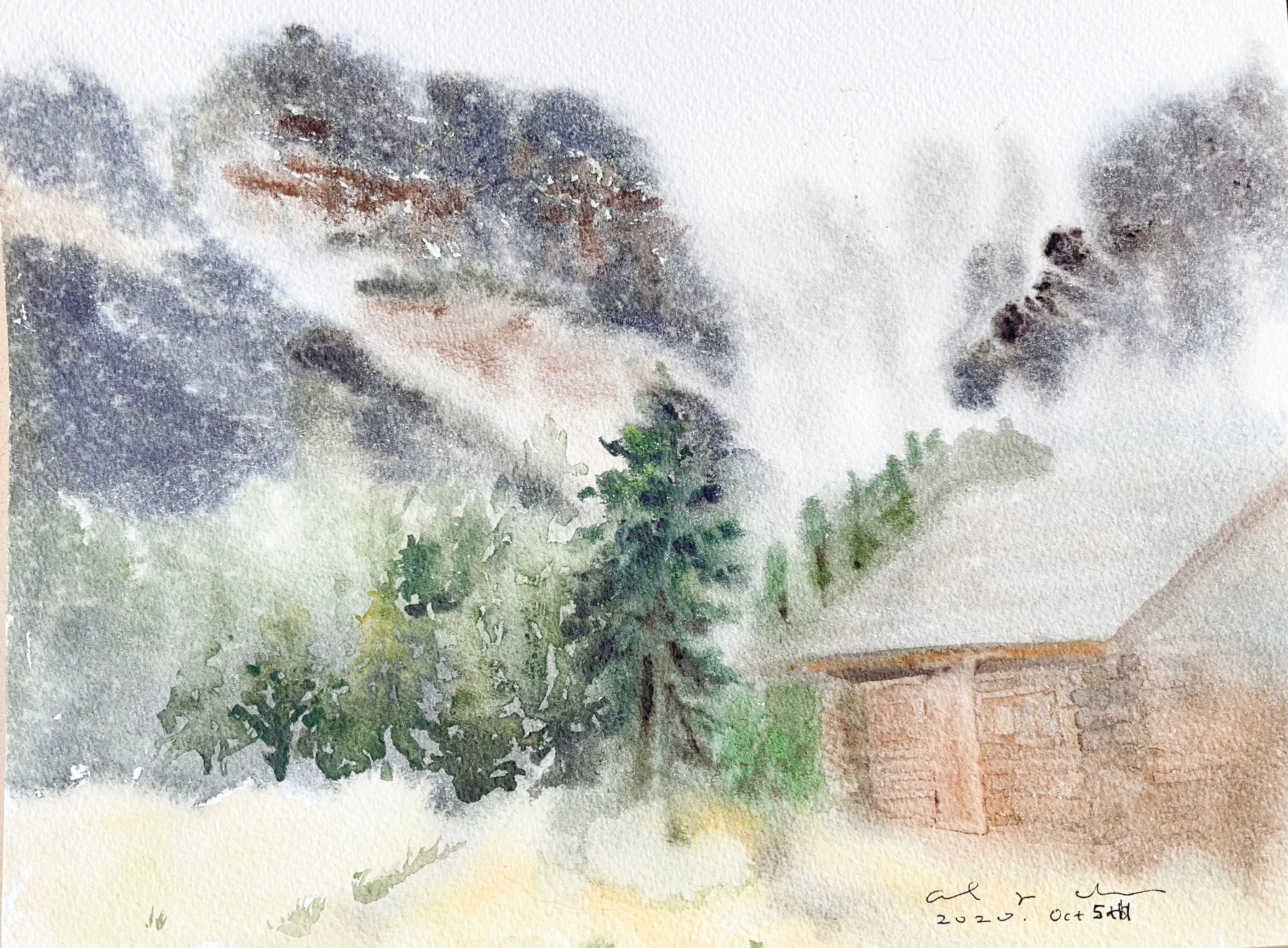 Watercolour of a stone cabin beside a tall evergreen tree, with grey misty mountains rising behind it.
