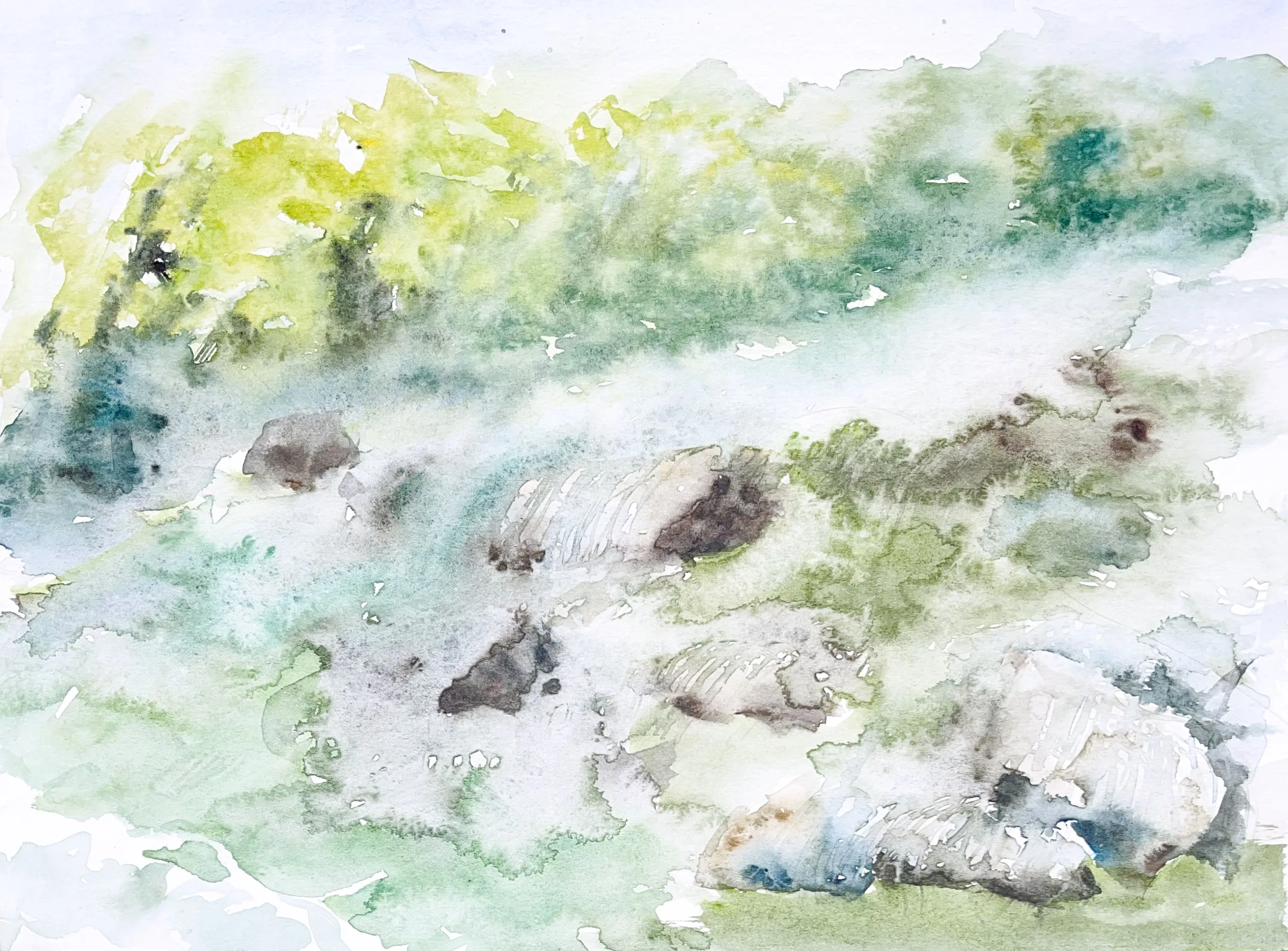Watercolour of a river flowing over grey and white boulders with green trees along the bank.