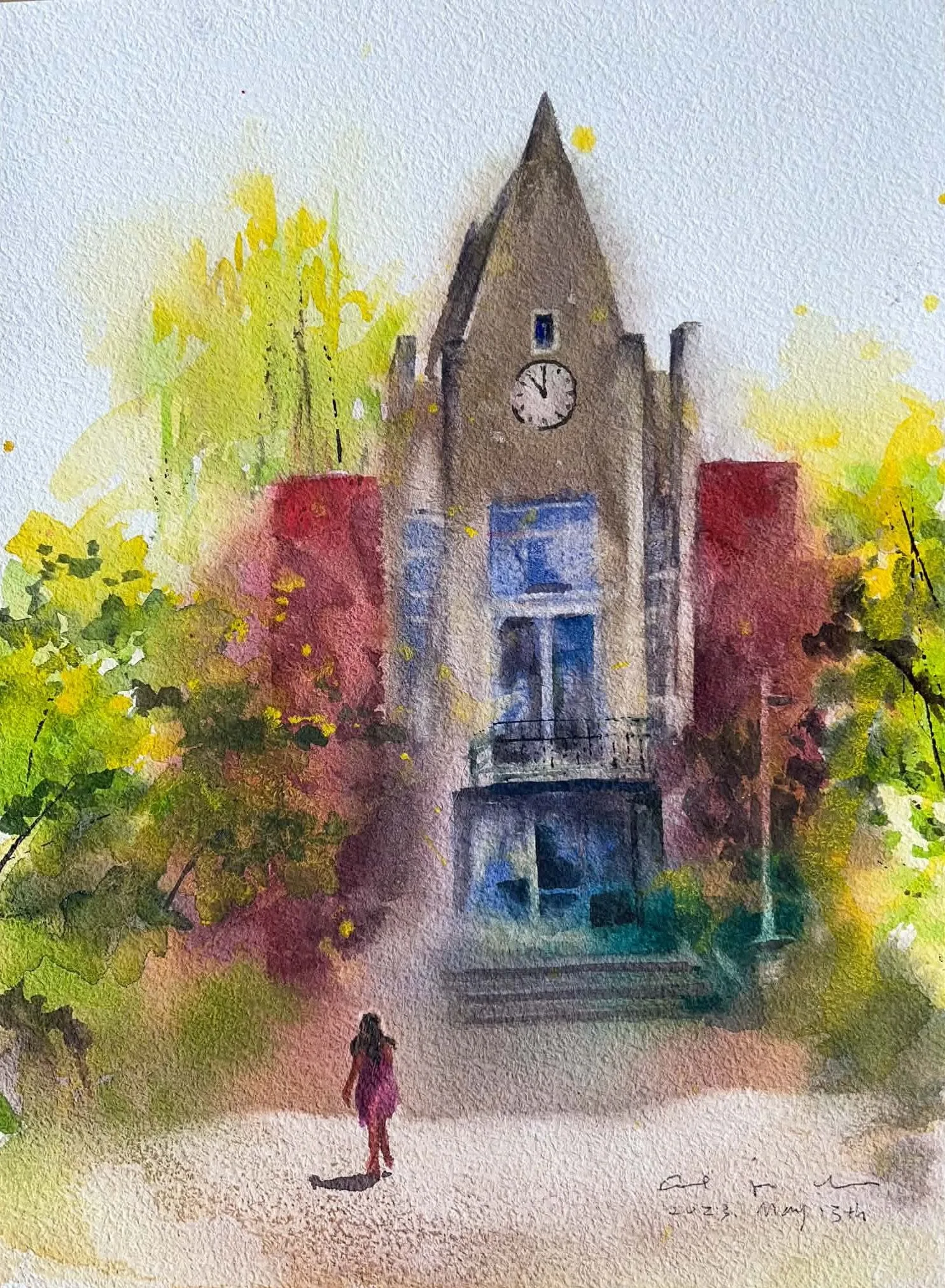 Watercolour of a woman walking toward a tall stone clock tower building surrounded by red, yellow and green trees.