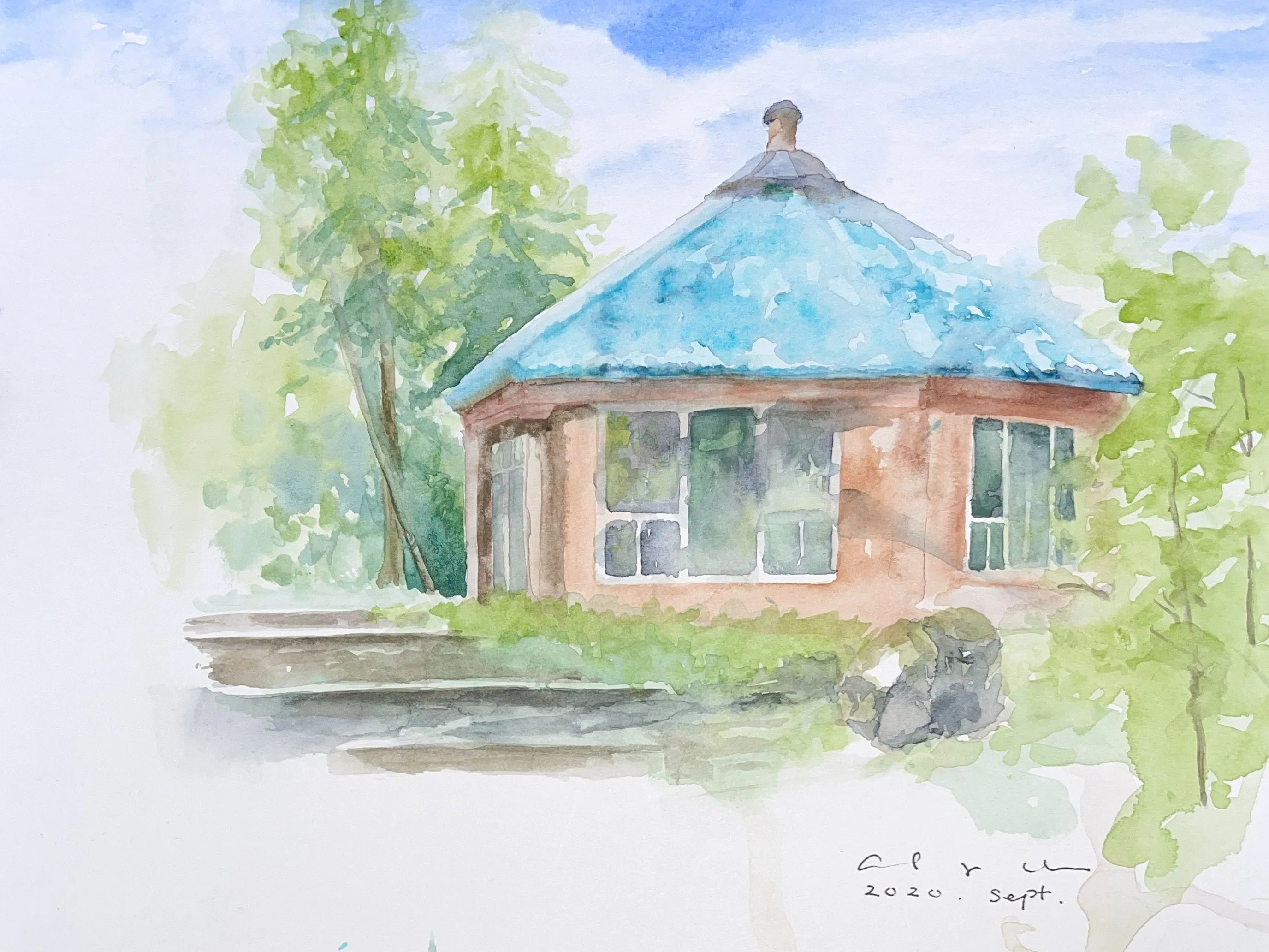 Watercolour of a round brick gazebo with a turquoise roof and large windows, surrounded by green trees.
