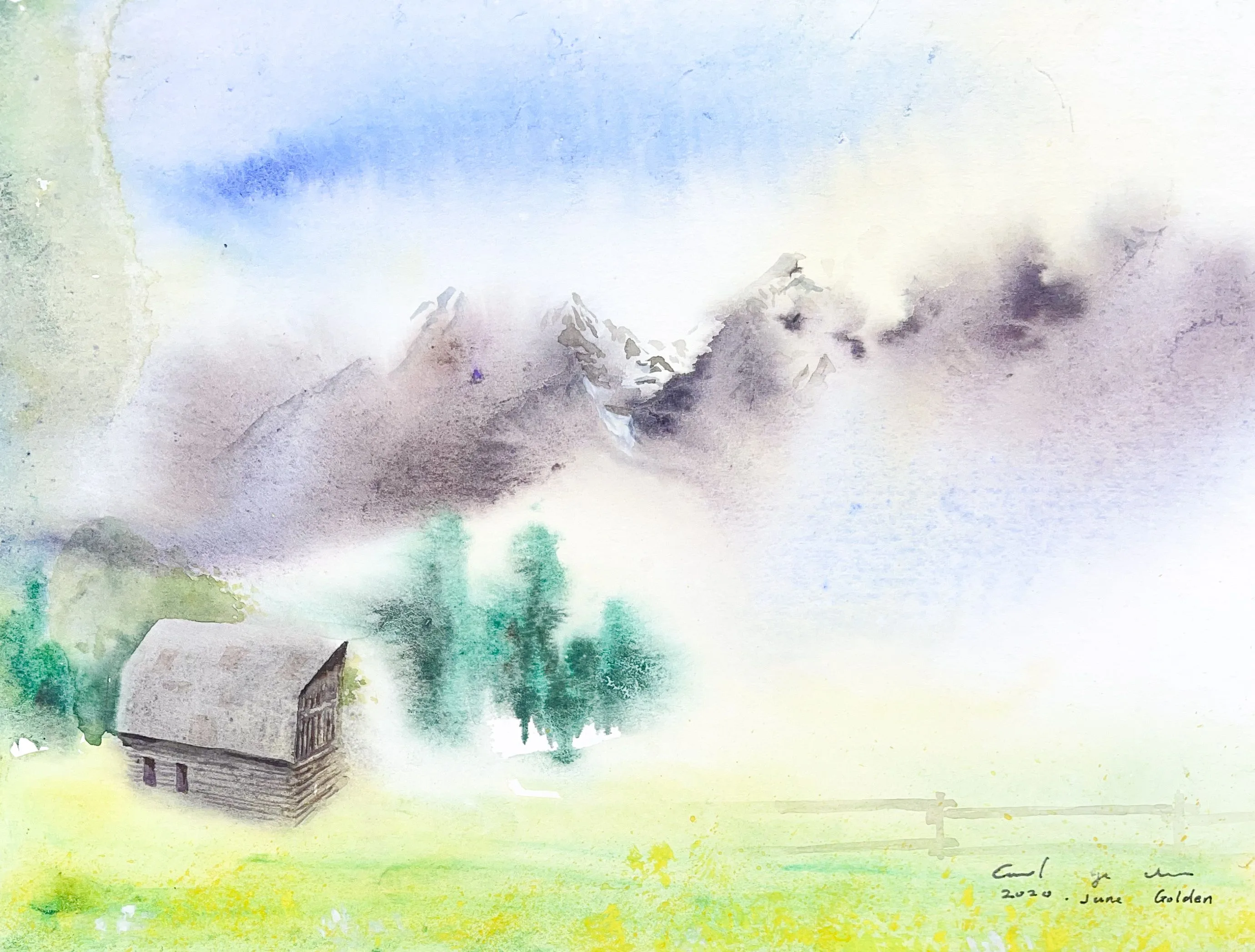 Watercolour of a weathered log barn and green trees in a yellow meadow below misty purple mountains.